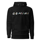 Gemini zodiac 90s nostalgia graphic pullover hoodie, black unisex relaxed fit, front flat lay
