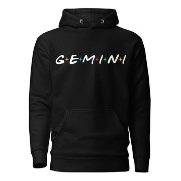 Gemini zodiac 90s nostalgia graphic pullover hoodie, black unisex relaxed fit, front flat lay