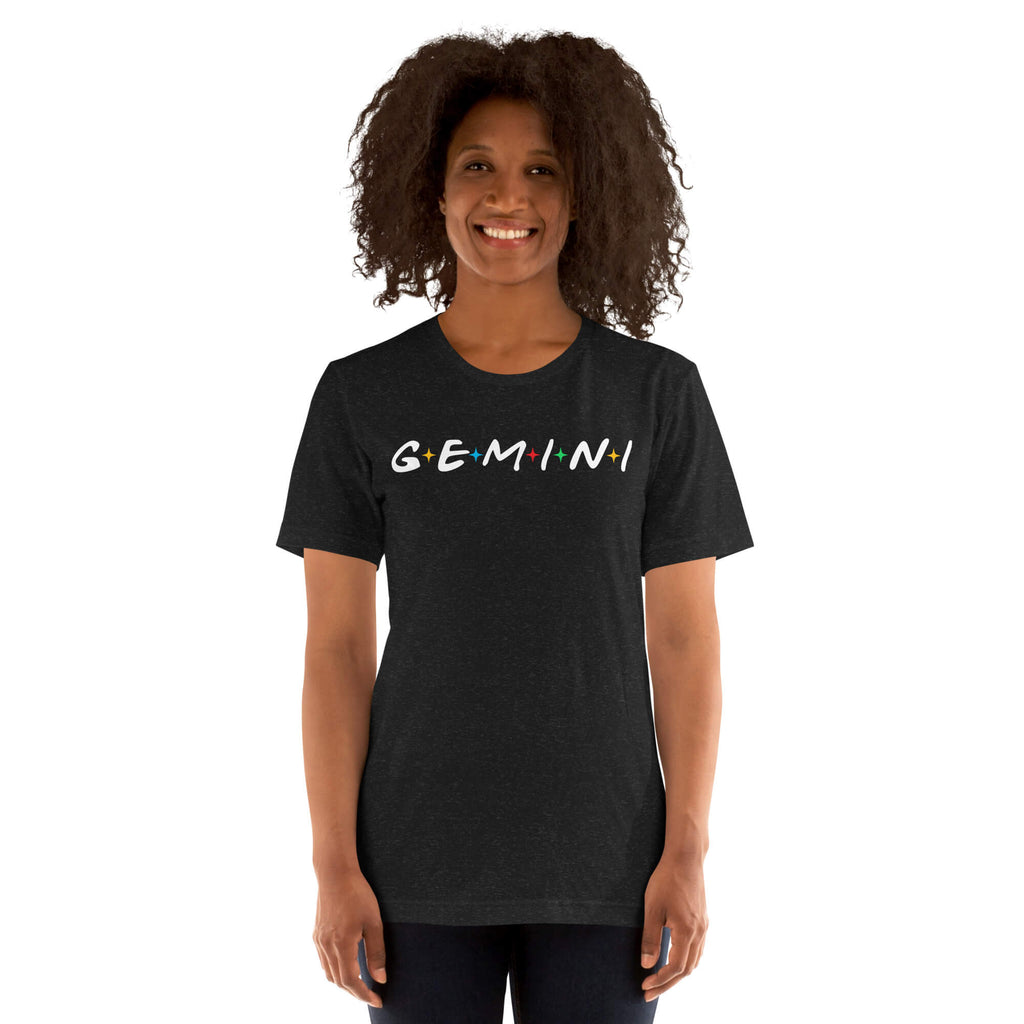 Woman wearing Gemini zodiac 90s nostalgia graphic t-shirt in black, retro astrology apparel