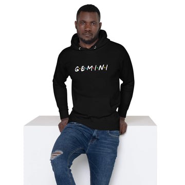 Person wearing Gemini zodiac 90s nostalgia pullover hoodie in black, unisex retro astrology apparel 