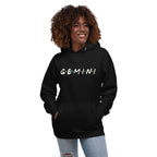 Person wearing Gemini zodiac 90s nostalgia graphic hoodie in black, retro astrology style