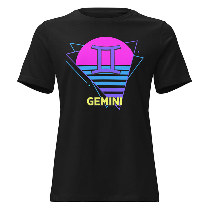 Gemini retro 80s zodiac t-shirt with pink sun design on black shirt – flat product mockup