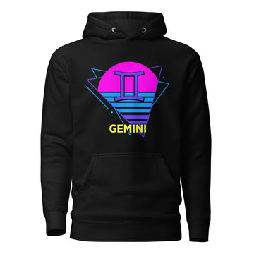 Gemini zodiac retro 80s graphic pullover hoodie, black with purple design, unisex astrology apparel, front flat lay