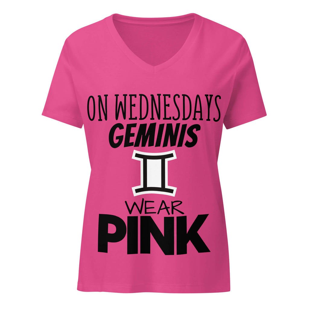 "On Wednesdays Gemini Wears Pink" zodiac v-neck t-shirt, pink, women's astrology apparel, front flat lay