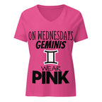 "On Wednesdays Gemini Wears Pink" zodiac v-neck t-shirt, pink, women's astrology apparel, front flat lay