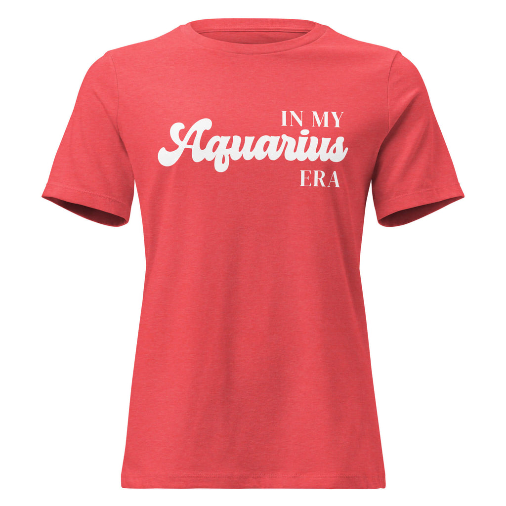 "In My Aquarius Era" zodiac graphic t-shirt, coral red, women's fitted astrology apparel, front flat lay