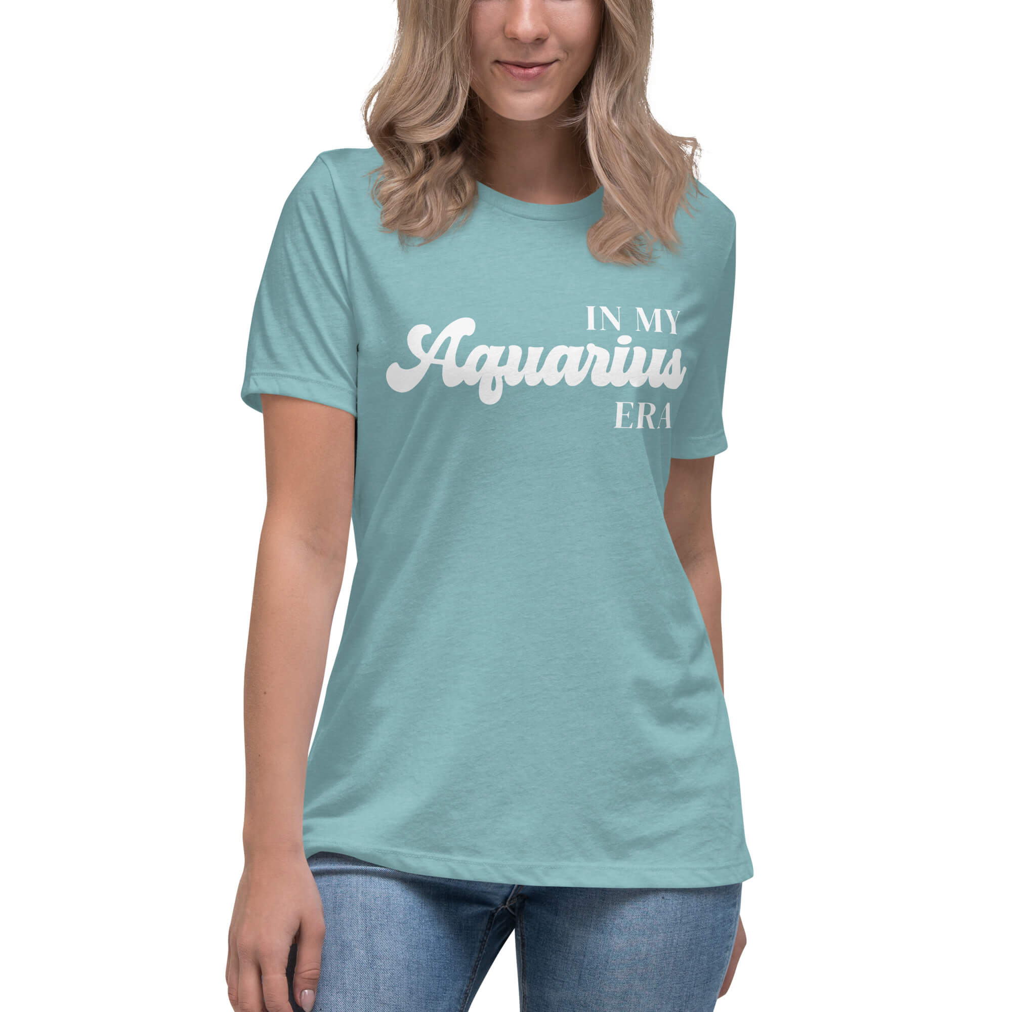 Woman wearing "In My Aquarius Era" Aquarius zodiac graphic t-shirt in lagoon blue, women's astrology apparel