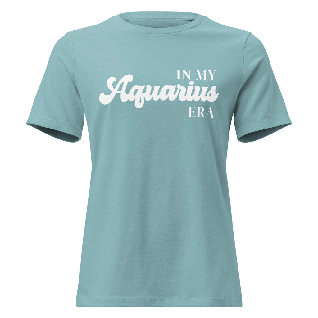 "In My Aquarius Era" zodiac graphic t-shirt, lagoon blue, women's fitted astrology apparel, front flat lay