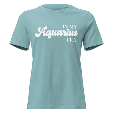 "In My Aquarius Era" zodiac graphic t-shirt, lagoon blue, women&