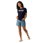 Woman wearing "In My Aquarius Era" Aquarius zodiac graphic t-shirt in navy blue with denim shorts, women's astrology apparel