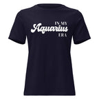 "In My Aquarius Era" zodiac graphic t-shirt, navy blue, women's fitted astrology apparel, front flat lay