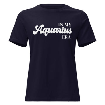 "In My Aquarius Era" zodiac graphic t-shirt, navy blue, women&