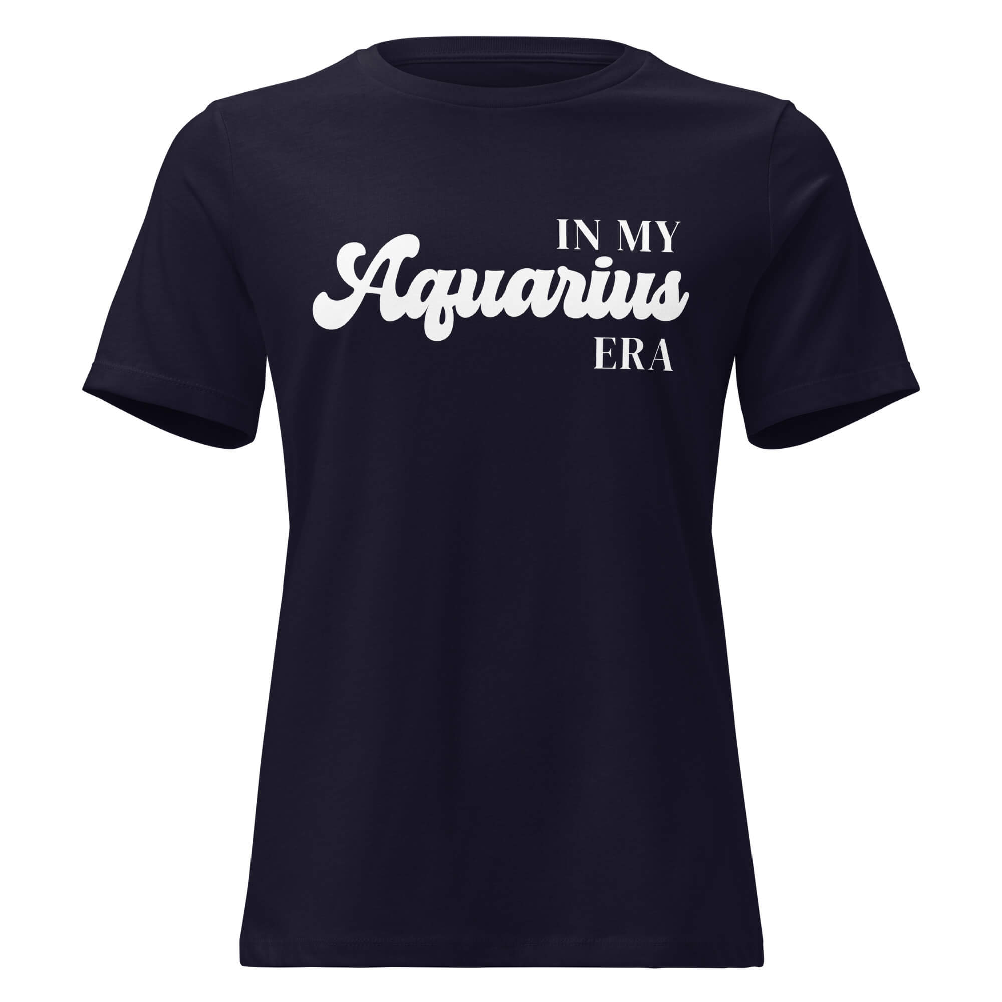 "In My Aquarius Era" zodiac graphic t-shirt, navy blue, women's fitted astrology apparel, front flat lay