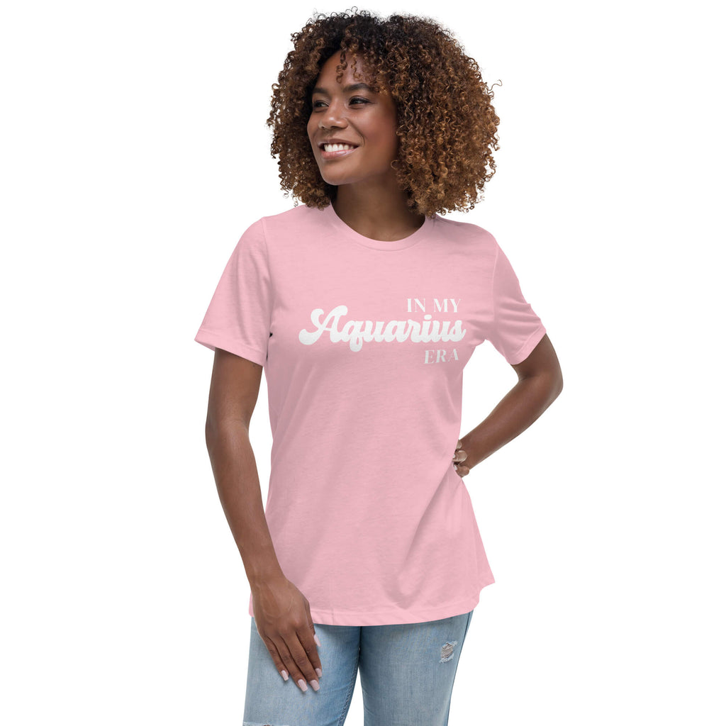 Woman wearing "In My Aquarius Era" Aquarius zodiac graphic t-shirt in pink, women's astrology apparel