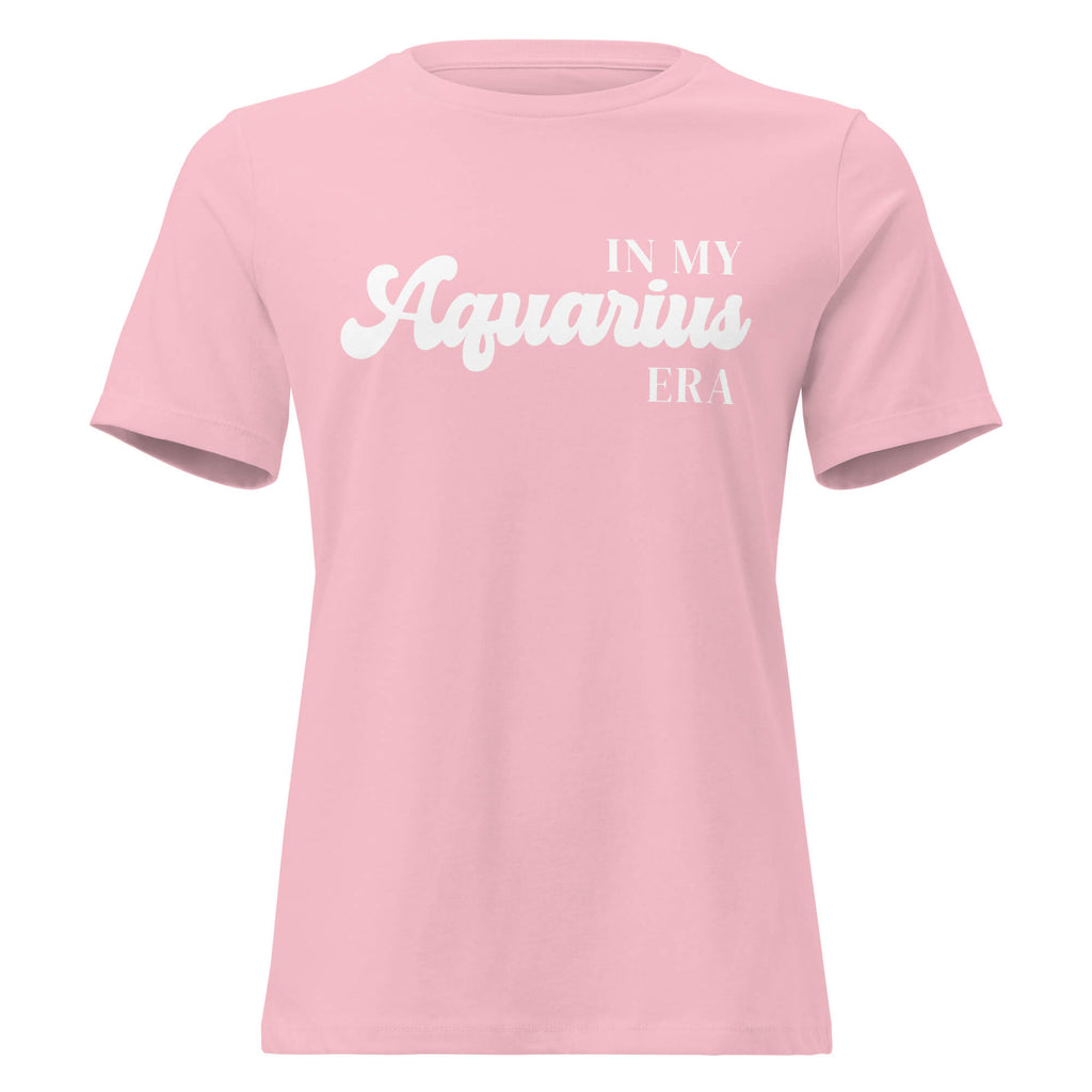 "In My Aquarius Era" zodiac graphic t-shirt, pink, women's fitted astrology apparel, front flat lay