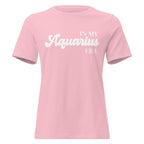 "In My Aquarius Era" zodiac graphic t-shirt, pink, women's fitted astrology apparel, front flat lay