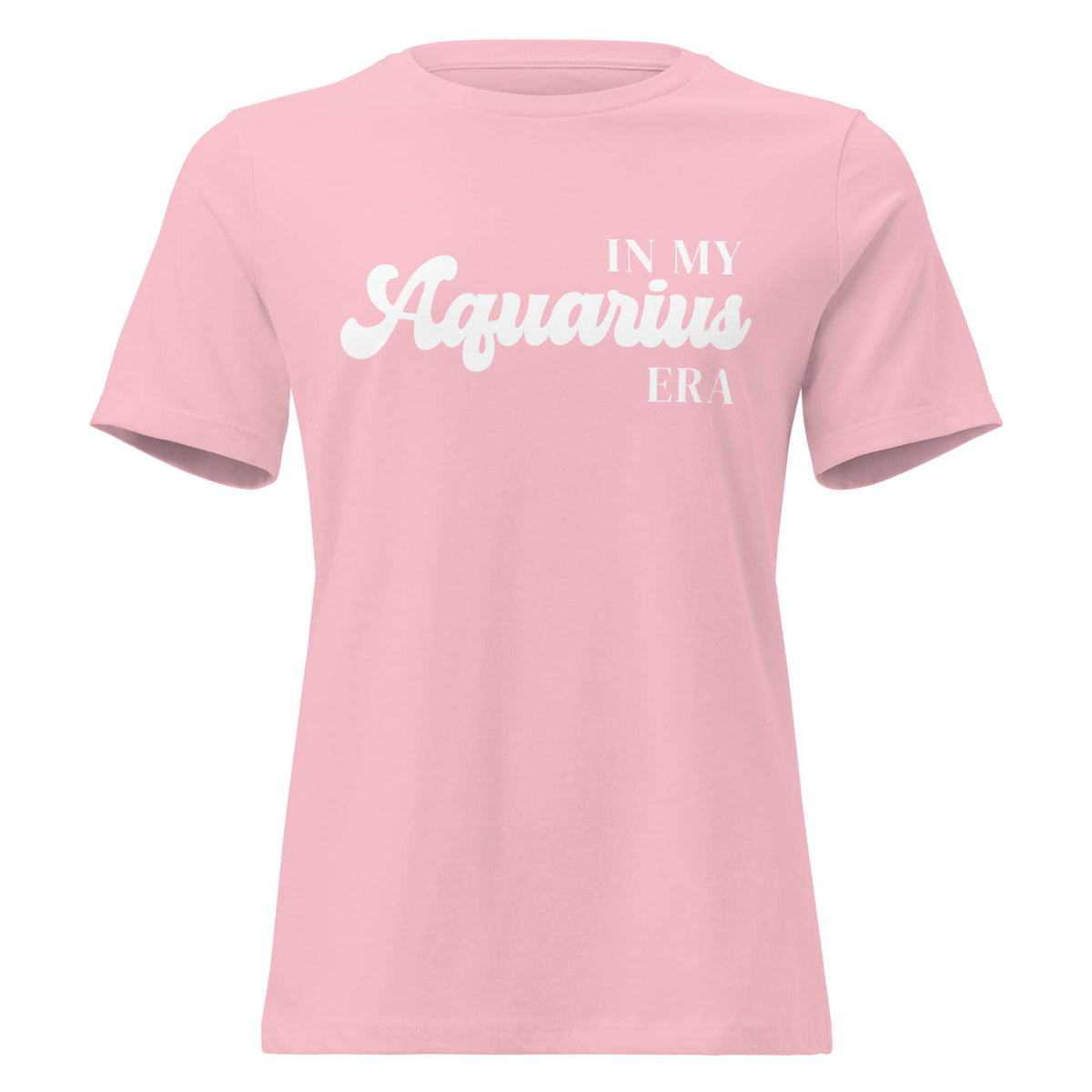 "In My Aquarius Era" zodiac graphic t-shirt, pink, women's fitted astrology apparel, front flat lay