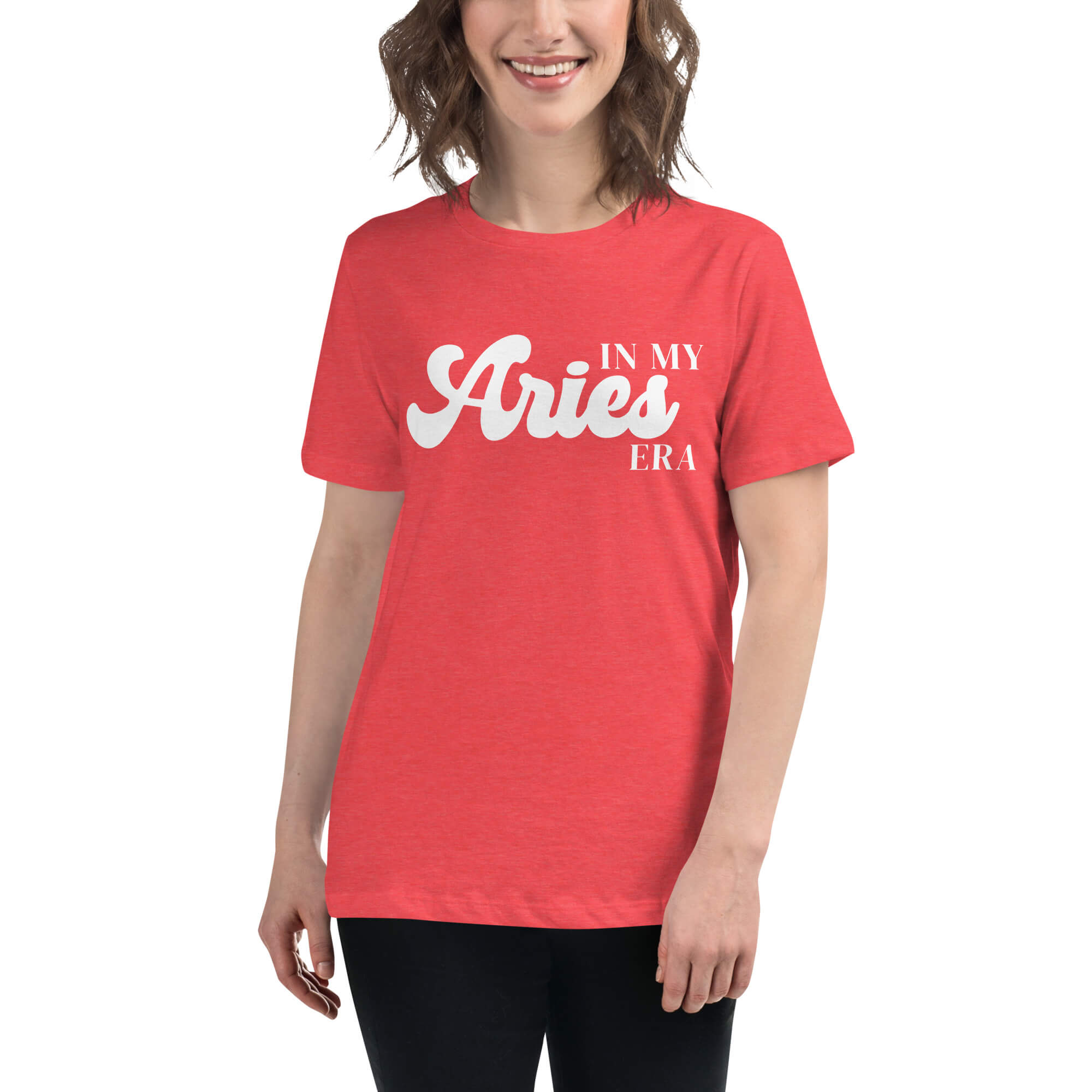 Woman wearing "In My Aries Era" Aries zodiac graphic t-shirt in coral red, women's astrology apparel