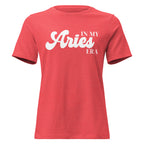 In My Aries Era" zodiac graphic t-shirt, coral red, women's fitted astrology apparel, front flat lay