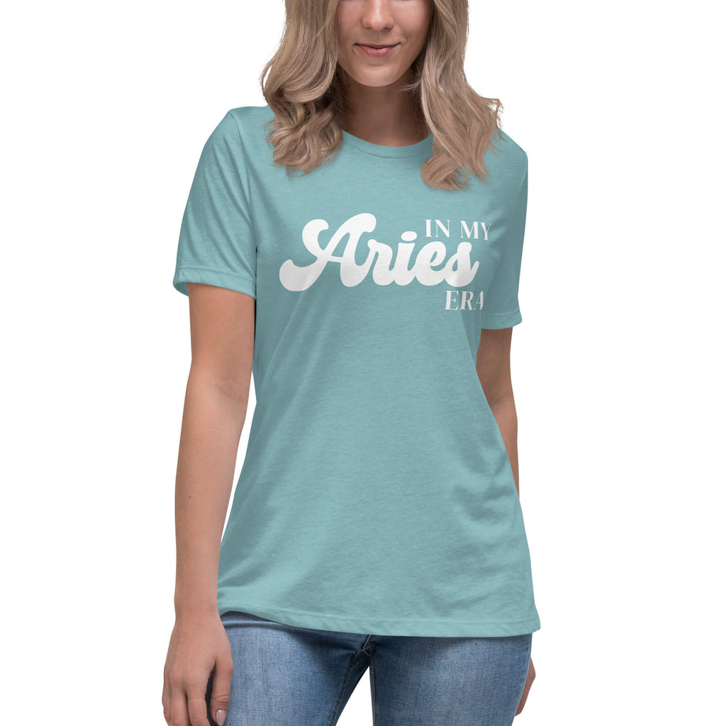 Woman wearing "In My Aries Era" Aries zodiac graphic t-shirt in lagoon blue, women's astrology apparel