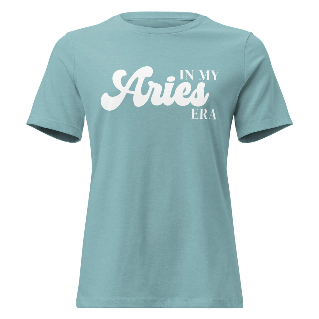 "In My Aries Era" zodiac graphic t-shirt, lagoon blue, women's fitted astrology apparel, front flat lay