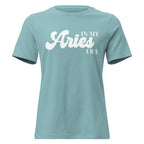 "In My Aries Era" zodiac graphic t-shirt, lagoon blue, women's fitted astrology apparel, front flat lay