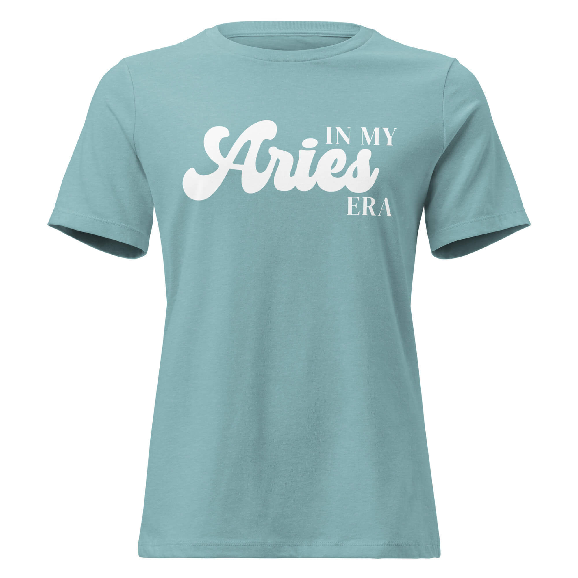 "In My Aries Era" zodiac graphic t-shirt, lagoon blue, women's fitted astrology apparel, front flat lay