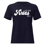 "In My Aries Era" zodiac graphic t-shirt, navy blue, women's fitted astrology apparel, front flat lay