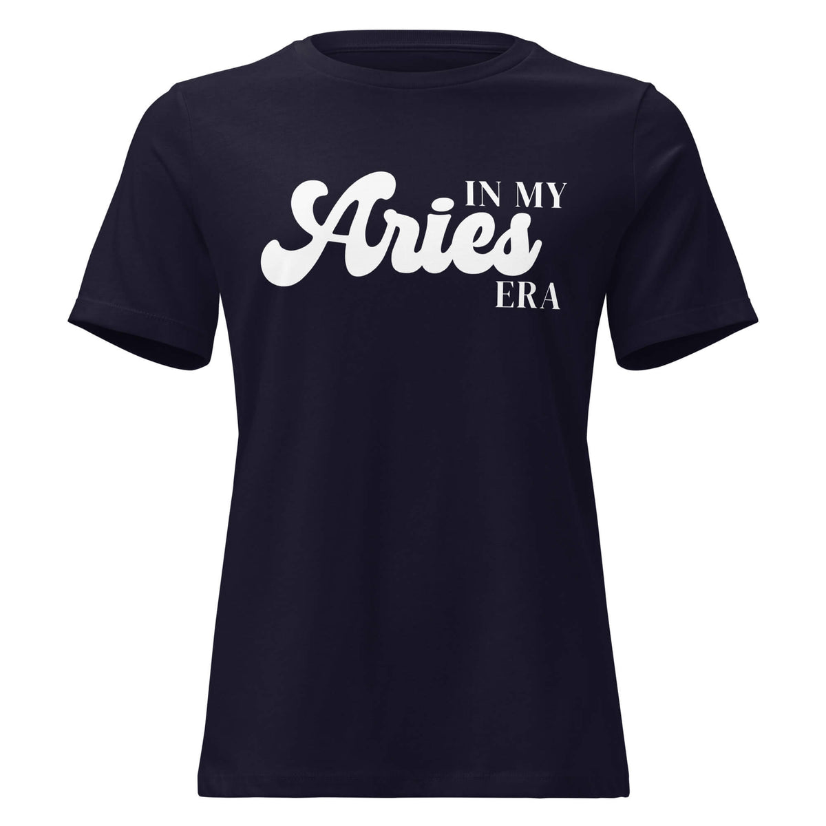 "In My Aries Era" zodiac graphic t-shirt, navy blue, women's fitted astrology apparel, front flat lay