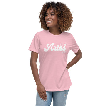 Woman wearing "In My Aries Era" Aries zodiac graphic t-shirt in pink, women&