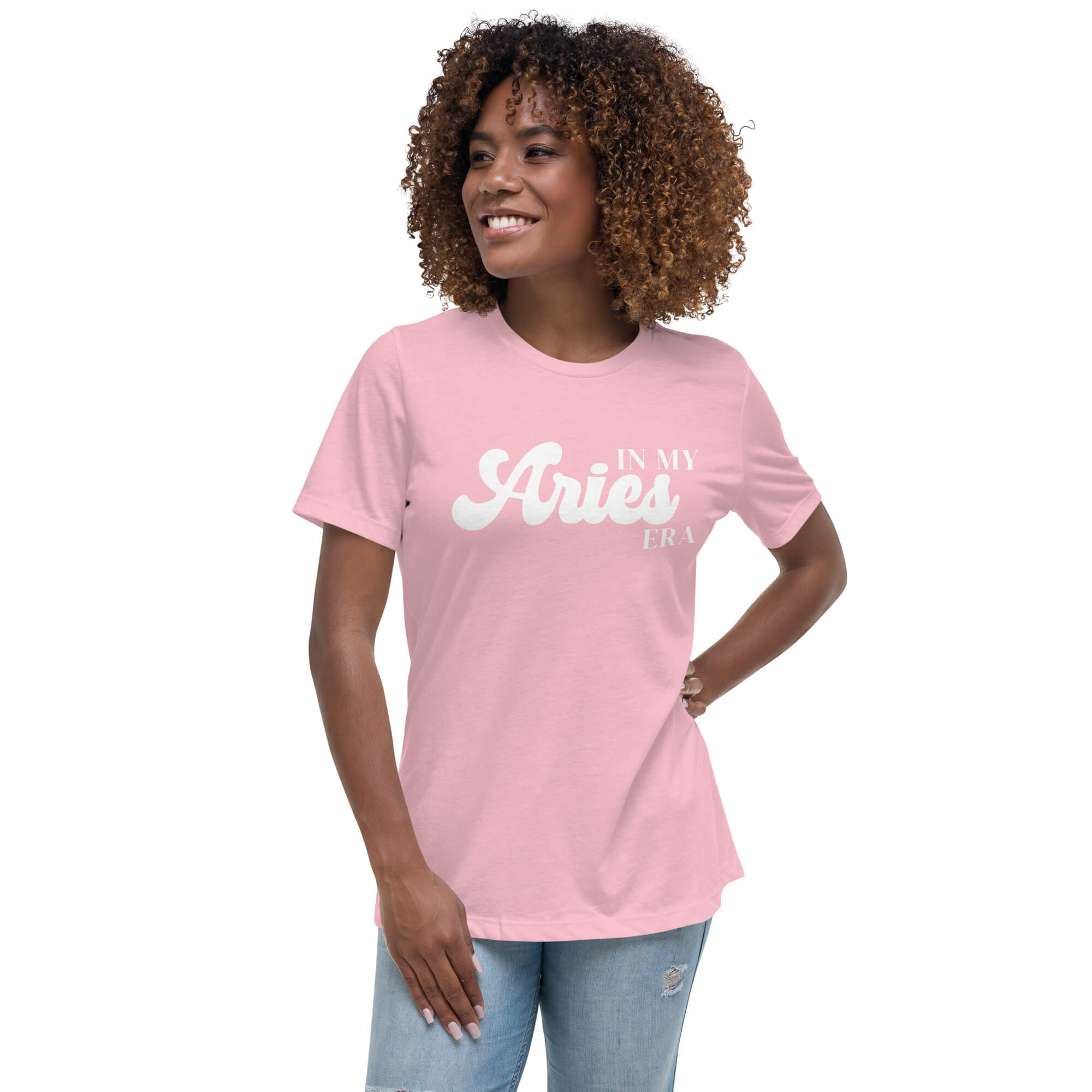 Woman wearing "In My Aries Era" Aries zodiac graphic t-shirt in pink, women's astrology apparel