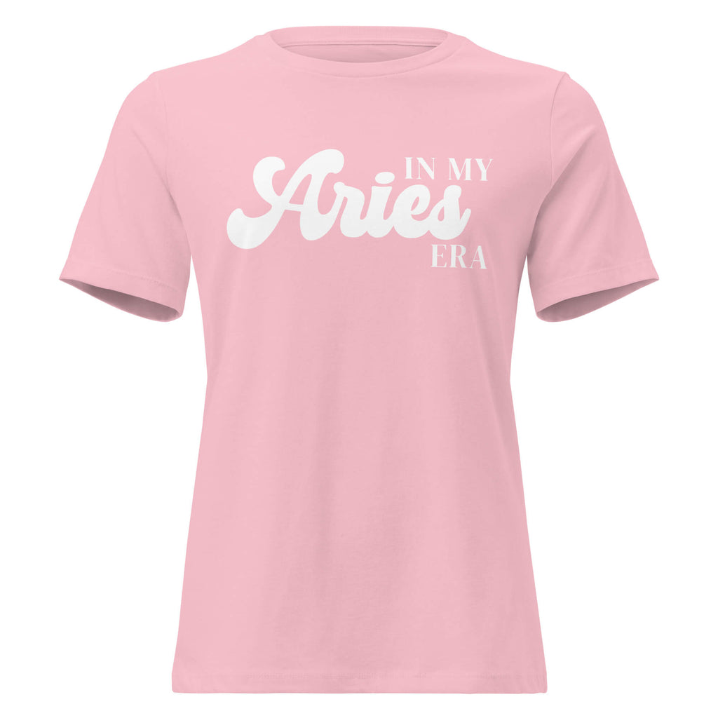 "In My Aries Era" zodiac graphic t-shirt, pink, women's fitted astrology apparel, front flat lay