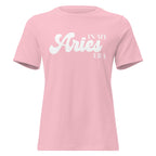 "In My Aries Era" zodiac graphic t-shirt, pink, women's fitted astrology apparel, front flat lay