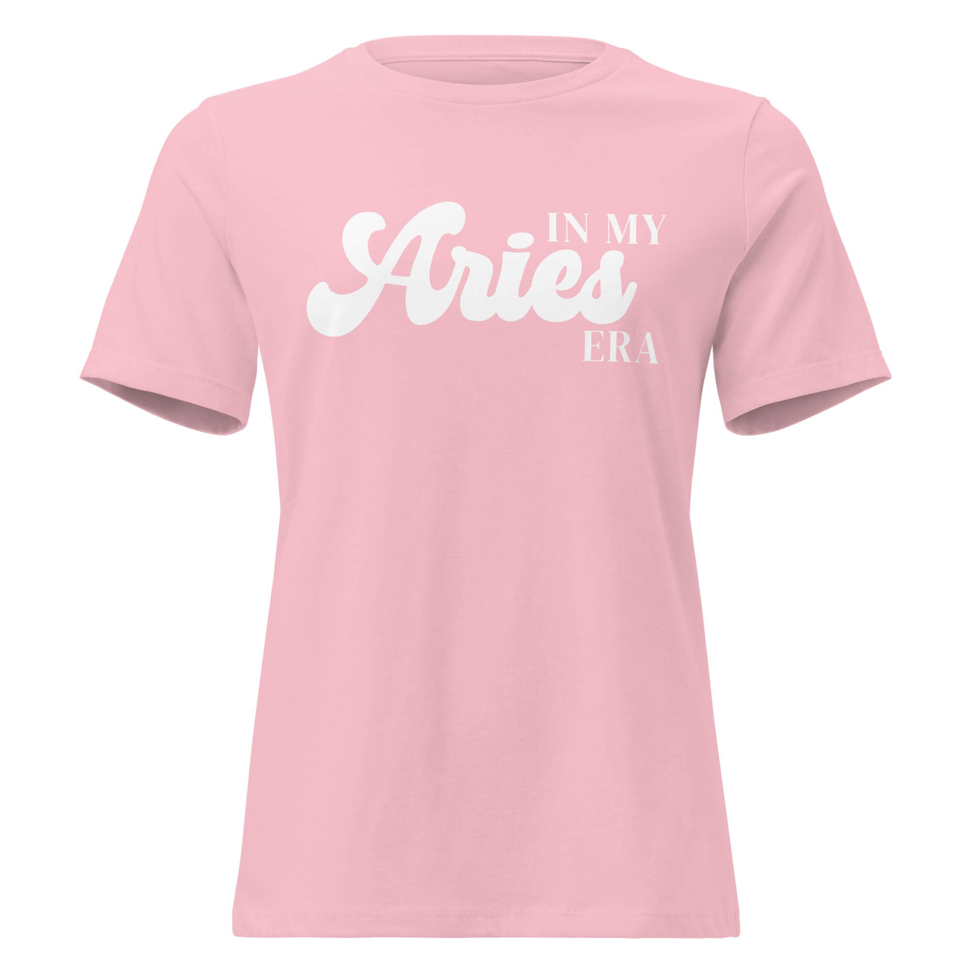 "In My Aries Era" zodiac graphic t-shirt, pink, women's fitted astrology apparel, front flat lay