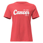 "In My Cancer Era" zodiac graphic t-shirt, coral red, women's fitted astrology apparel, front flat lay