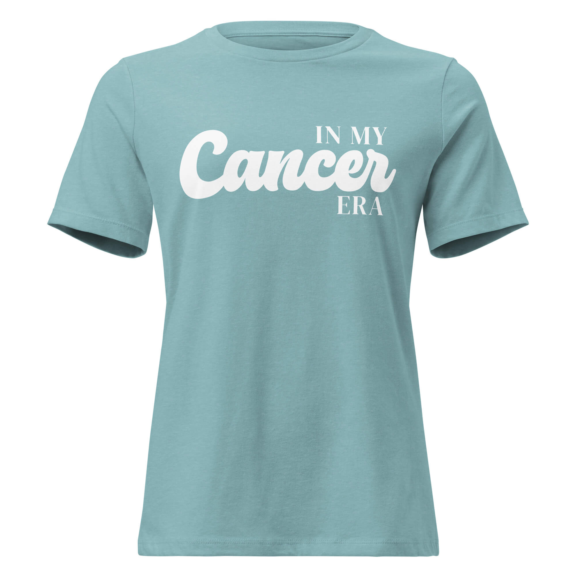 "In My Cancer Era" zodiac graphic t-shirt, lagoon blue, women's fitted astrology apparel, front flat lay