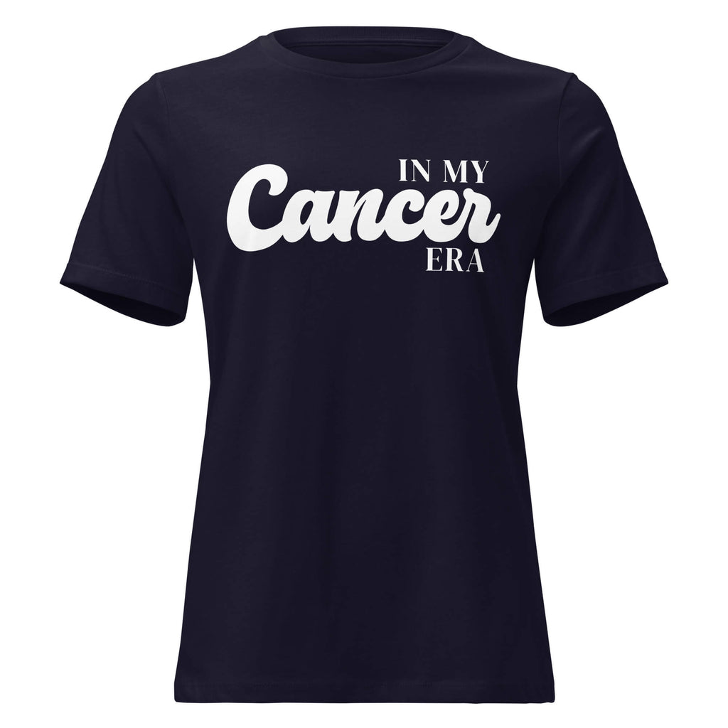 "In My Cancer Era" zodiac graphic t-shirt, navy blue, women's fitted astrology apparel, front flat lay