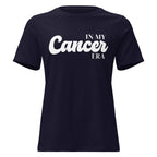 "In My Cancer Era" zodiac graphic t-shirt, navy blue, women's fitted astrology apparel, front flat lay