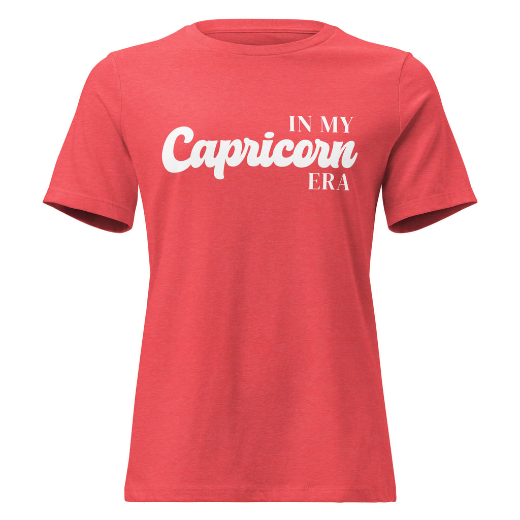 "In My Capricorn Era" zodiac graphic t-shirt, coral red, women's fitted astrology apparel, front flat lay