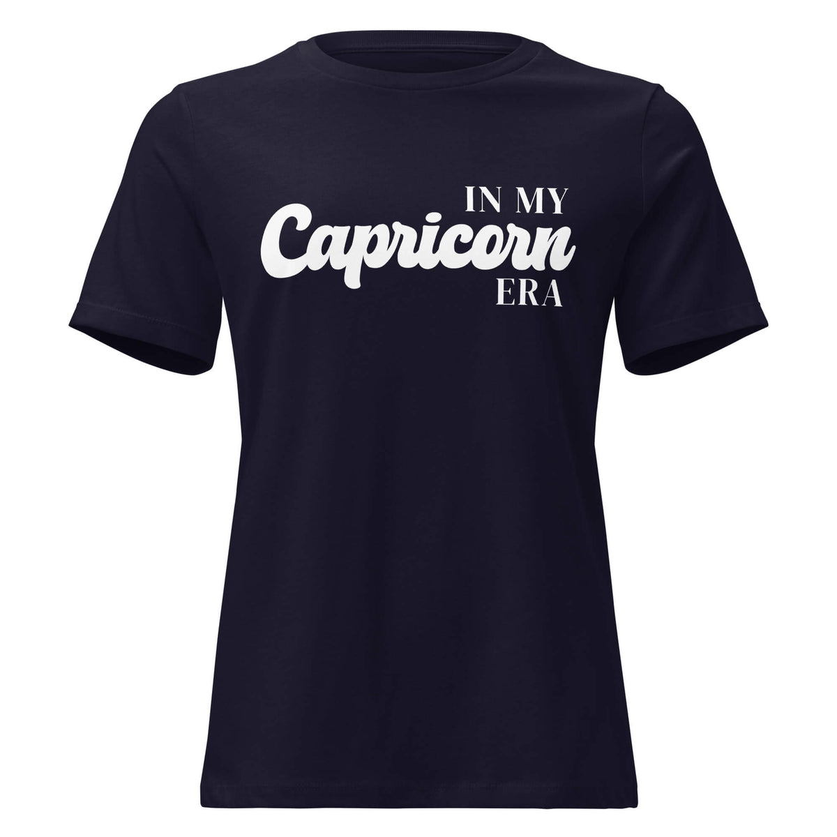 "In My Capricorn Era" zodiac graphic t-shirt, navy blue, women's fitted astrology apparel, front flat lay
