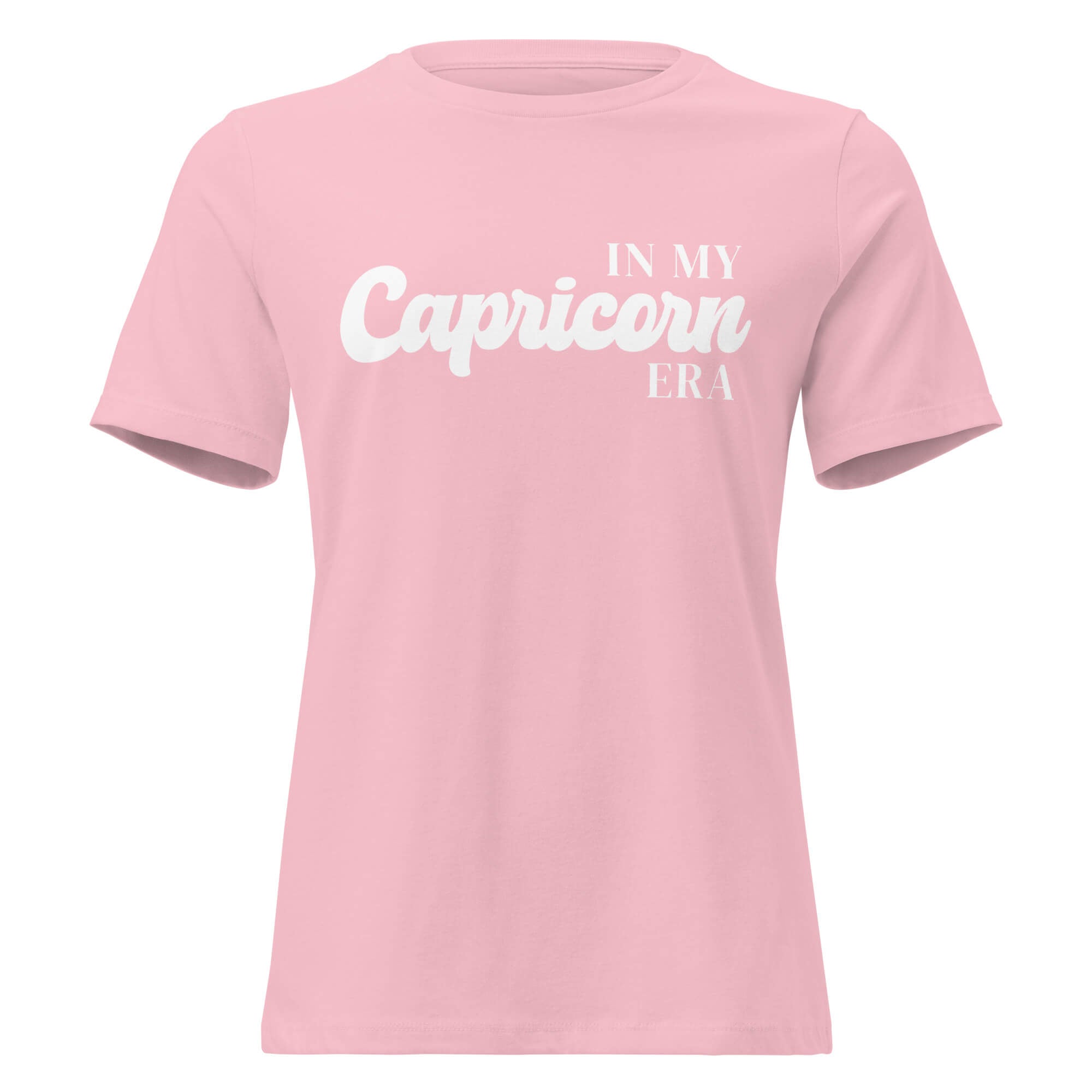 "In My Capricorn Era" zodiac graphic t-shirt, pink, women's fitted astrology apparel, front flat lay