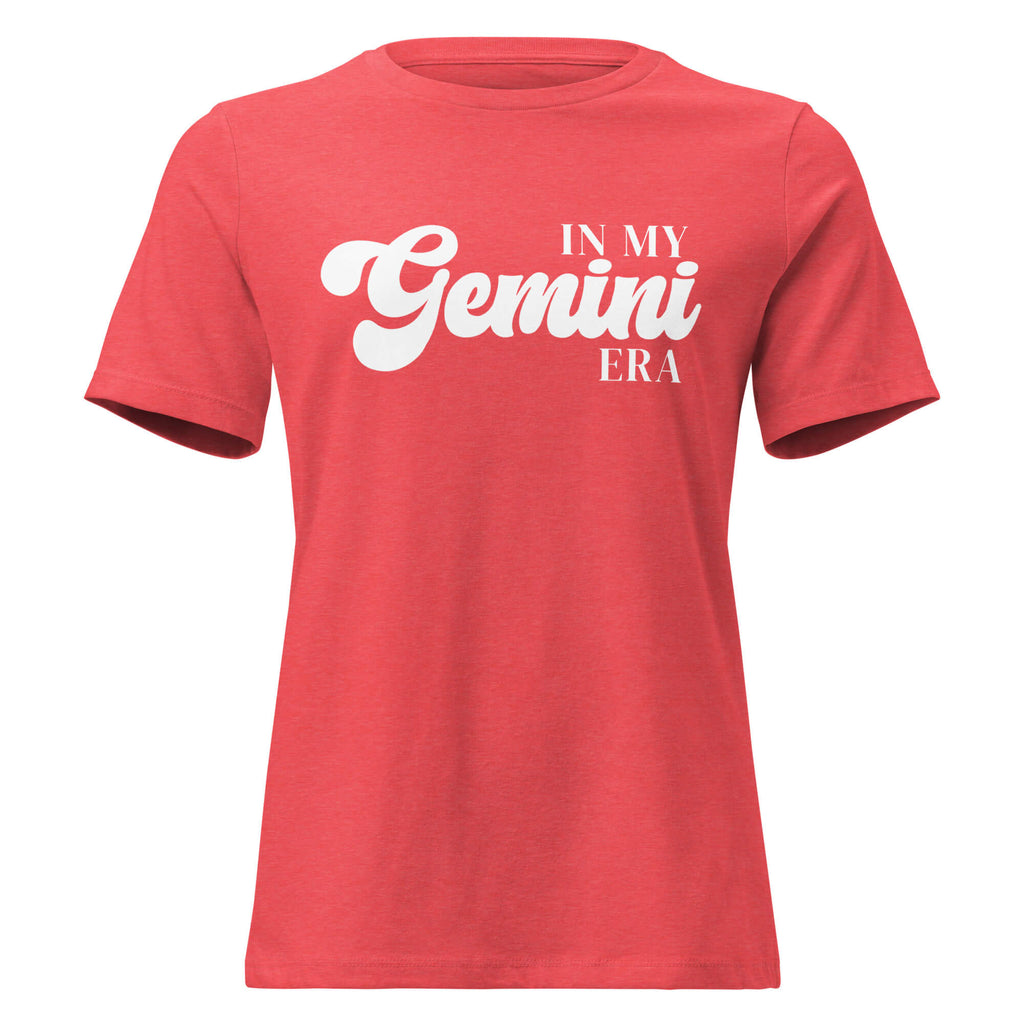 "In My Gemini Era" zodiac graphic t-shirt, coral red, women's fitted astrology apparel, front flat lay