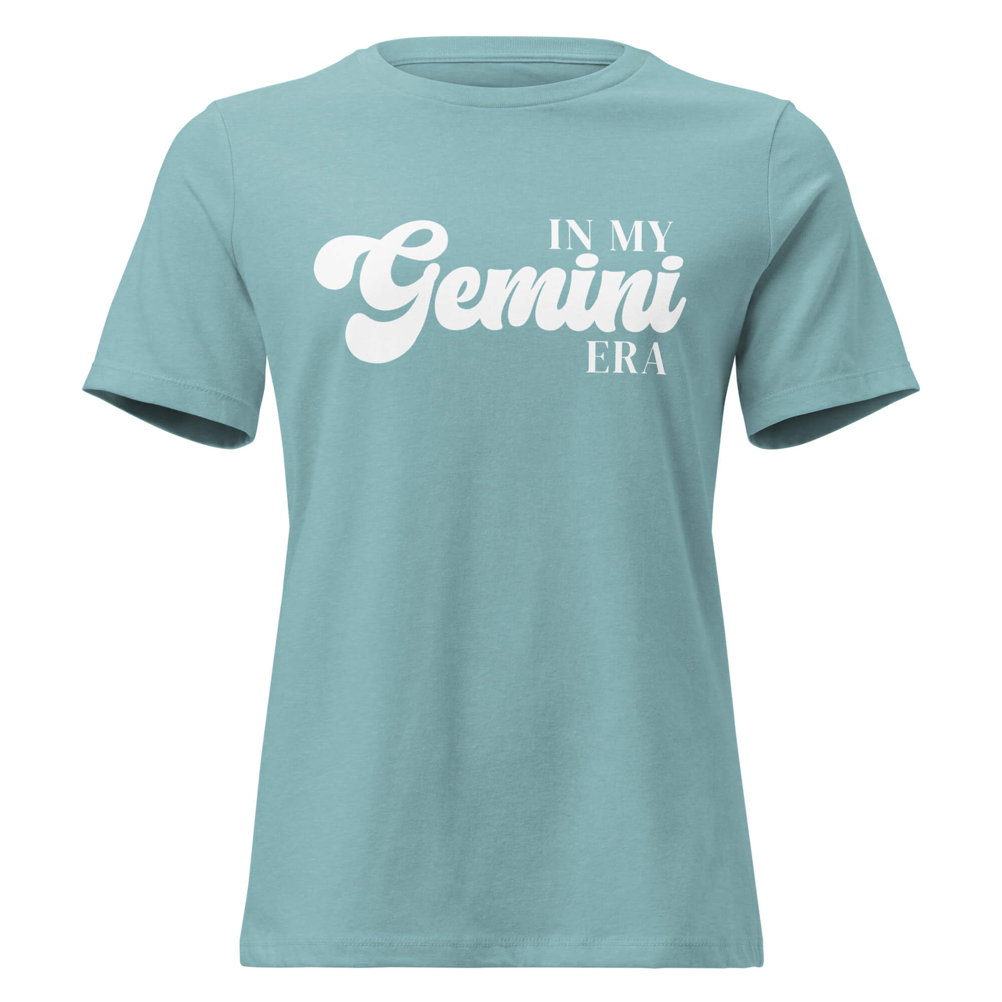 "In My Gemini Era" zodiac graphic t-shirt, lagoon blue, women's fitted astrology apparel, front flat lay