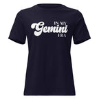 "In My Gemini Era" zodiac graphic t-shirt, navy blue, women's fitted astrology apparel, front flat lay
