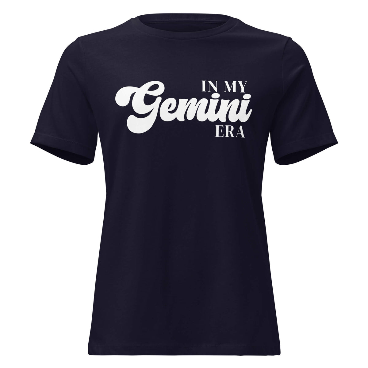 "In My Gemini Era" zodiac graphic t-shirt, navy blue, women's fitted astrology apparel, front flat lay