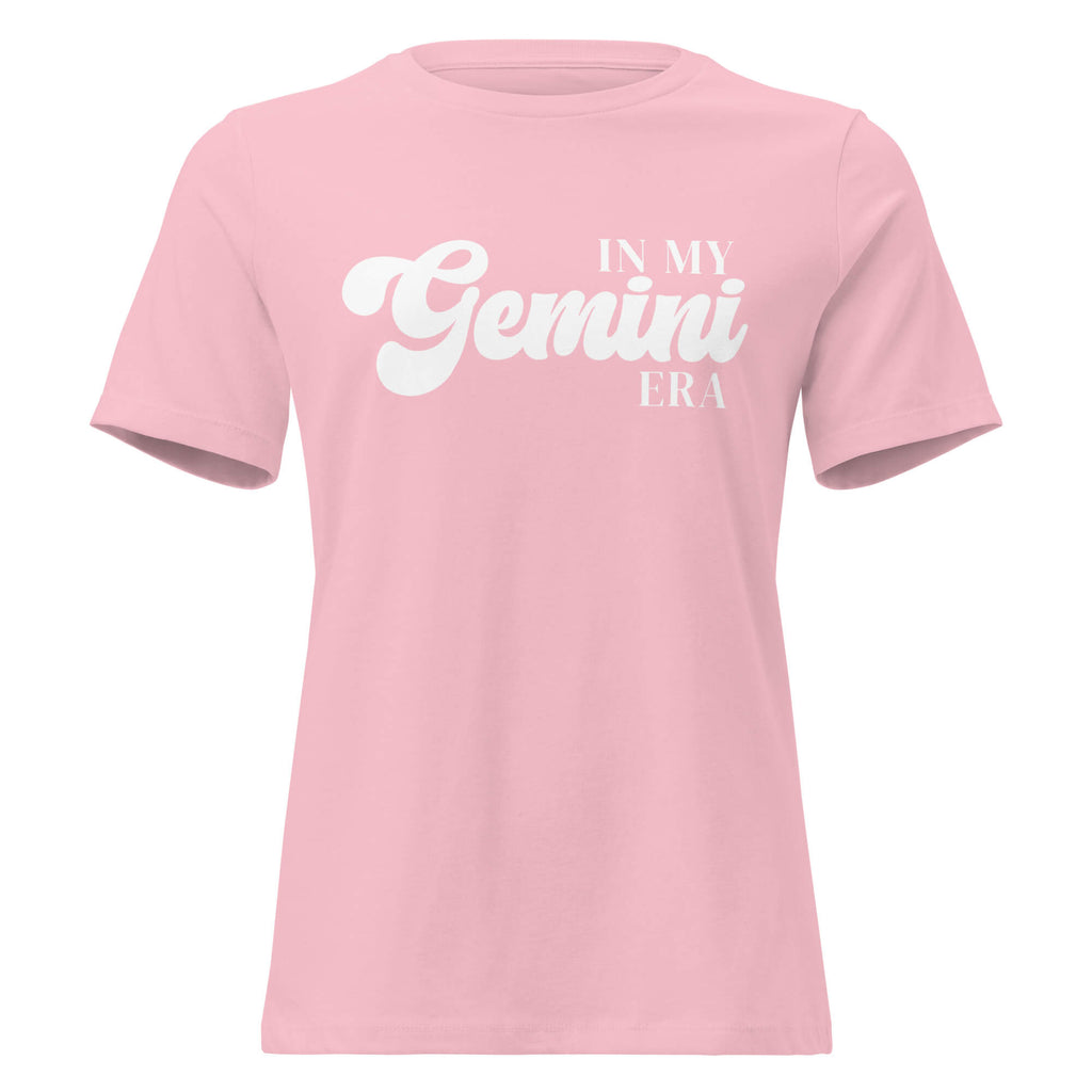 "In My Gemini Era" zodiac graphic t-shirt, pink, women's fitted astrology apparel, front flat lay