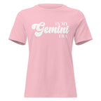 "In My Gemini Era" zodiac graphic t-shirt, pink, women's fitted astrology apparel, front flat lay