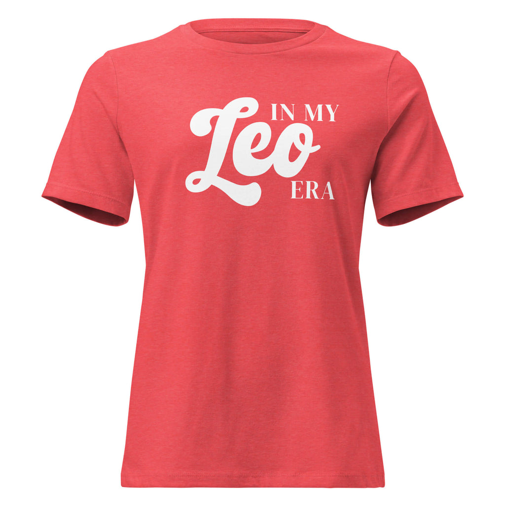 Woman wearing "In My Leo Era" Leo zodiac graphic t-shirt in coral red, women's astrology apparel