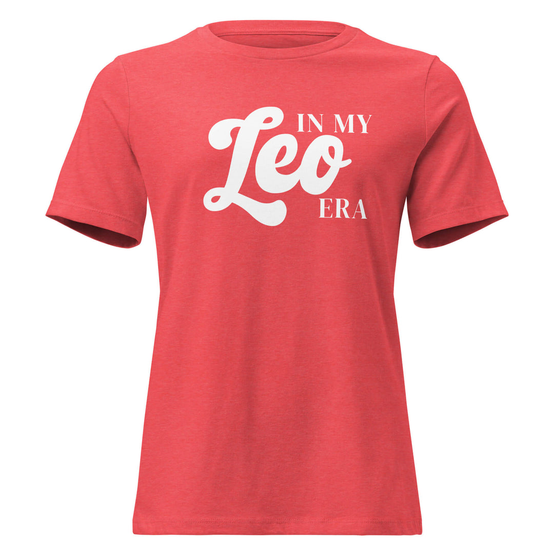 Woman wearing "In My Leo Era" Leo zodiac graphic t-shirt in coral red, women's astrology apparel