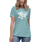 Woman wearing "In My Leo Era" Leo zodiac graphic t-shirt in lagoon blue, women's astrology apparel